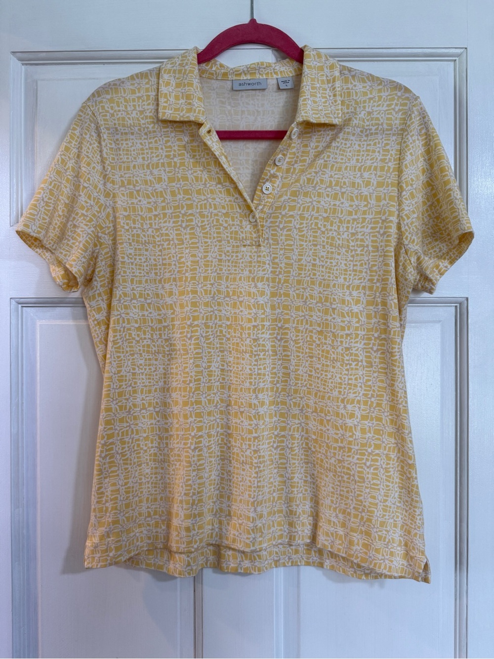 Ashworth Yellow White Patterned Button-Down Polo Top